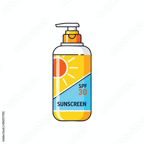 A colorful, cartoonish bottle of sunscreen with a sun graphic and SPF 30