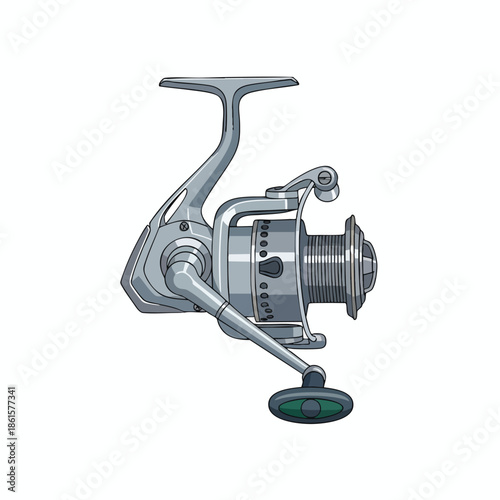 Angled illustration of a spinning reel, rendered with gray tones, isolated on white