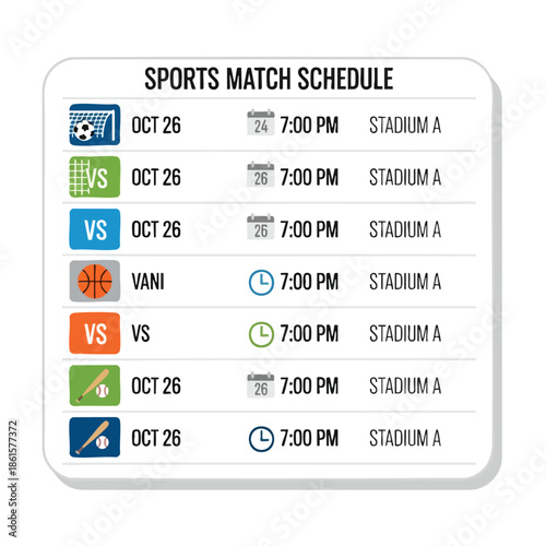 Sports match schedule infographic detailing date, time, and location of various sports games