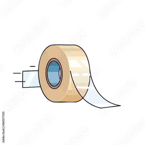 A roll of tan tape dispenses a clear strip, with a dispenser cutout