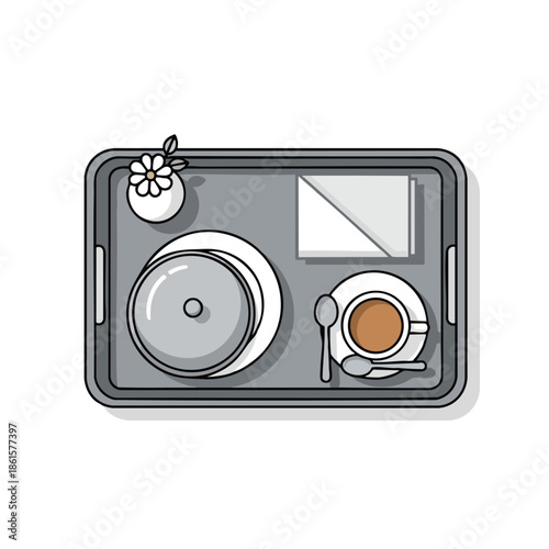 An overhead view of a tray with a flower, covered dish, coffee, spoon, and napkin