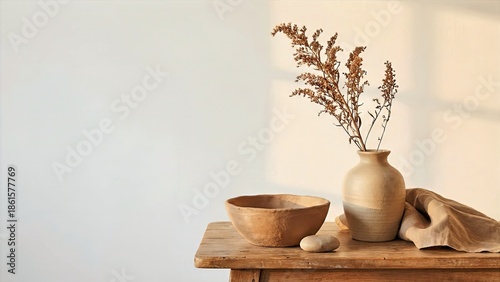 A serene still life arrangement on a wooden table with a vase, bowl, and dried plants in soft natural light.