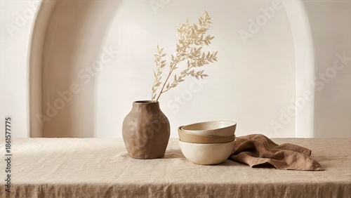 A serene still life arrangement featuring a vase, bowls, and fabric on a table against a minimalist arched backdrop.