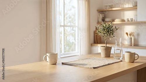 A serene kitchen scene with a table, cups, and a plant near a window