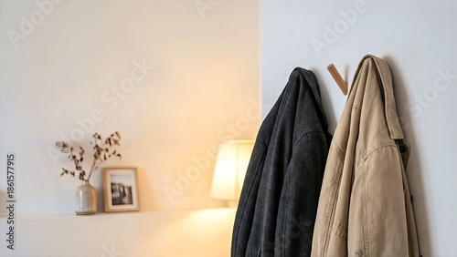 Coats hanging on hooks near a lit lamp and decorative flowers on a shelf in a serene indoor setting