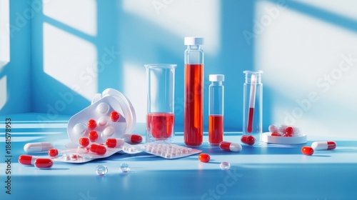 Red capsules, pills, vials, and test tubes on blue background.