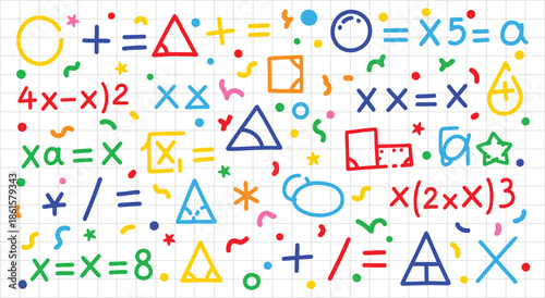 Colorful and playful hand drawn mathematical equations and geometric shapes pattern featuring variables symbols and basic arithmetic operators scattered across a white grid background
