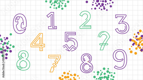 Creative number set with colorful digits and scattered dots on grid background for various design applications and mathematical concepts.