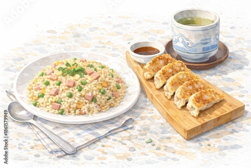 Fried Rice with Gyoza Dumplings and Green Tea