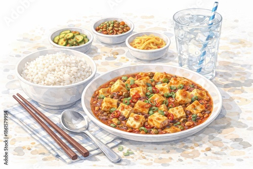 Mapo Tofu Spicy Tofu Stir Fry with Rice and Side Dishes