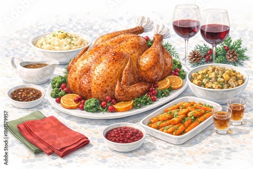 Roasted Turkey Dinner with Festive Side Dishes and Wine