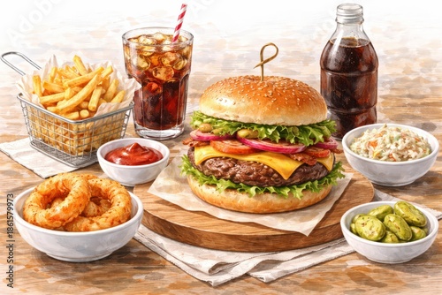Classic Cheeseburger Meal with Fries Onion Rings and Soda