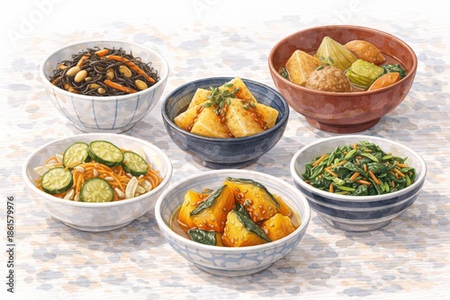 Traditional Japan Side Dishes Set with Vegetables and Tofu