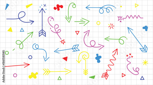 Colorful doodles and arrows scattered on graph paper background with vibrant shapes and symbols creating a playful design element for various creative projects and digital applications.