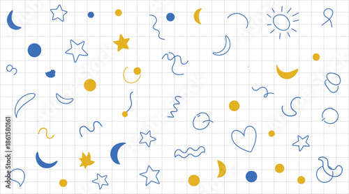 Collection of blue and yellow doodles on graph paper featuring stars, moons, and abstract shapes in a minimalist design perfect for creative backgrounds and decorative elements.