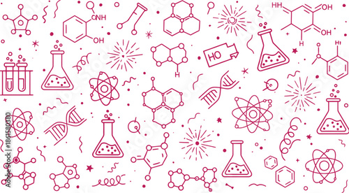 Chemistry and science elements pattern with beakers test tubes and molecular structures in a vibrant educational design for learning and discovery in labs and classrooms