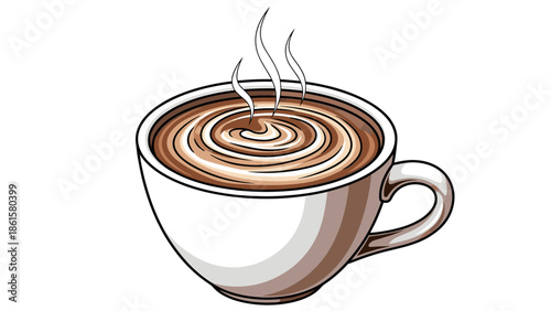 Steaming Hot Coffee Cup Illustration with Swirling Beverage Surface on White Background