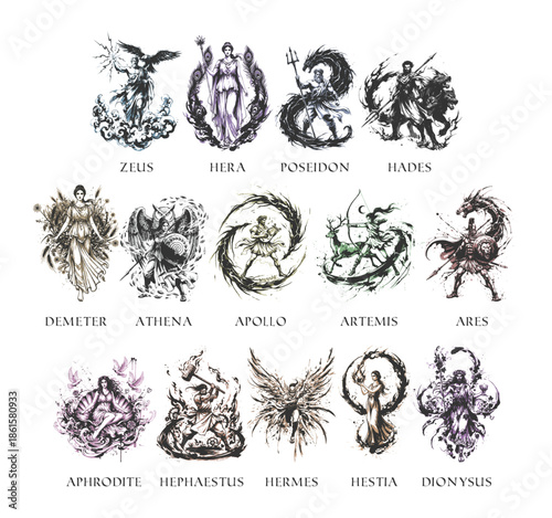 Greek gods and goddesses set featuring Zeus, Hera, Poseidon, Hades, Demeter, Athena, Apollo, Artemis, Ares, Aphrodite, Hermes, Hephaestus, Hestia, and Dionysus in hand drawn illustration.