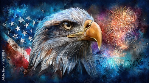 an eagle with background of american flag and fireworks in a water color style, fourth of july, 250 years