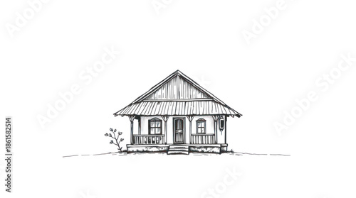 Stylized Hand drawn Illustration of an Old Rustic House on a White Background
