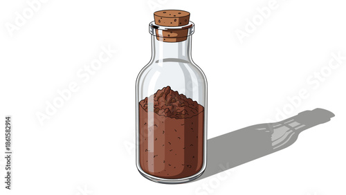 Isolated Illustration: Clear Glass Bottle with Cork Stopper, Holding Brown Powder, Casting a Subtle Shadow
