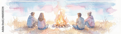 Watercolor Panorama of Friends Gathering Around Campfire by the Lake