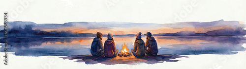 Watercolor Panorama of Friends Gathering Around Campfire by the Lake
