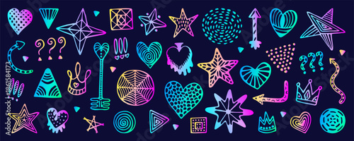 Popular abstract shapes, neon doodle hand drawn set. Hologram gradient isolated signs, ultra acid holographic glow. Hearts, circles, stars, crown, arrows, etc. Vector retro cliparts