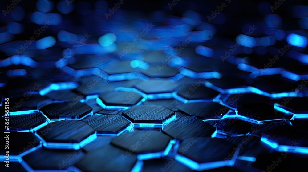 Fototapeta premium Futuristic Hexagonal Pattern with Glowing Blue Lines on Dark Background for Technology and Innovation Themes