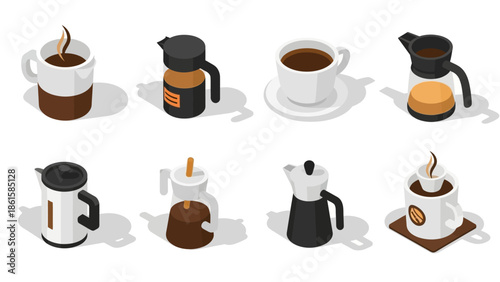 Minimalist isometric coffee icons featuring cups and pots in various styles