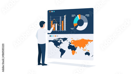 Business analyst examining growth charts and world map on interactive dashboard