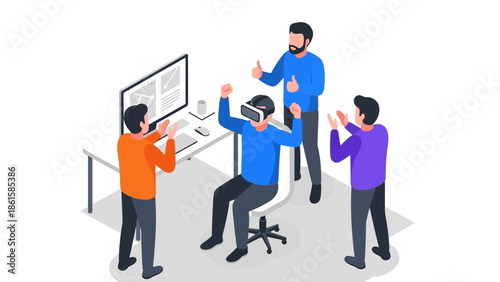 Team celebrating virtual reality achievement in modern office setting
