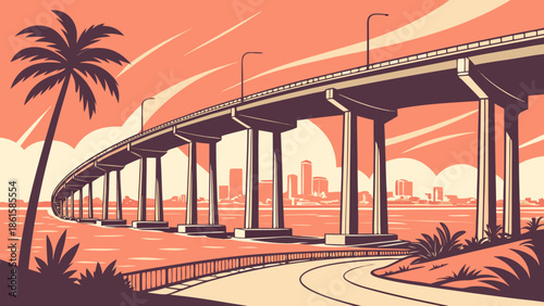 San diego skyline with coronado bridge framing a palm tree, perfect for cityscape and travelrelated designs, capturing urban beauty.