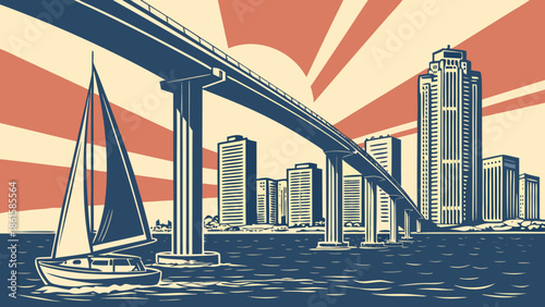 San diego skyline sailboat bridge city sun graphic art urban horizon suitable for travel brochures posters websites social media.