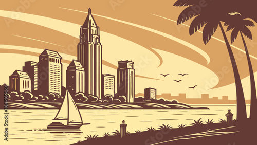 San diego skyline in sepia tones, featuring cityscape, palm trees, and a sailboat. Ideal for travel brochures, city guides, and website banners.