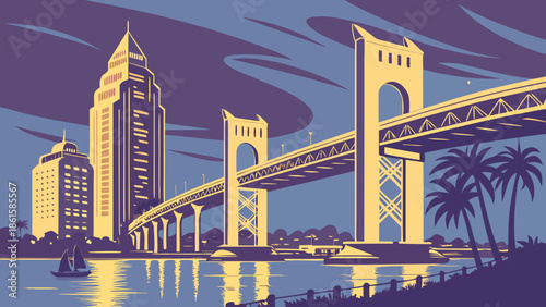 San diego skyline and bridge with palm trees, buildings, sailboat ideal for showcasing californias coastal beauty in travel and destination promotions.