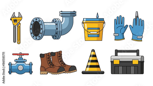 Construction tools and equipment set in colorful cartoon style