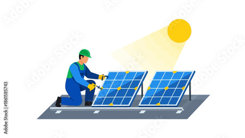 Renewable energy technician fixing solar panels under the sun in flat design
