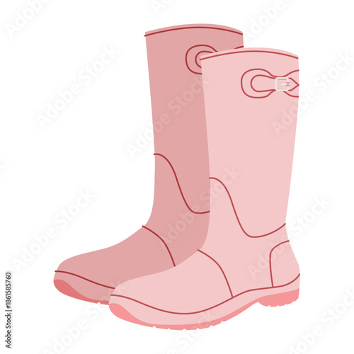 Pink buckle rubber rain boot women flat pair. Waterproof with side buckle for puddle jump, rainy monsoon. Technical fashion illustration CAD mockup refined vector men unisex isolated modern style.