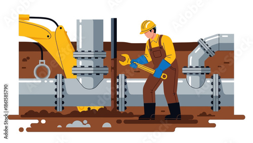Construction worker repairing underground pipelines with excavator in flat style