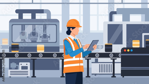 Industrial worker in safety gear operating tablet on factory production line