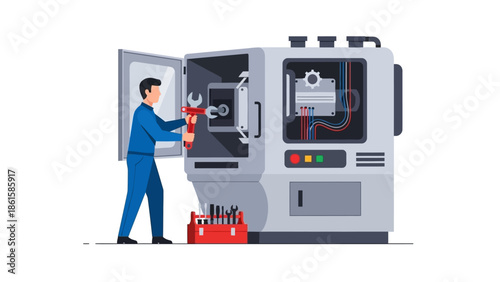 Technician adjusting machine with wrench in flat design in workshop