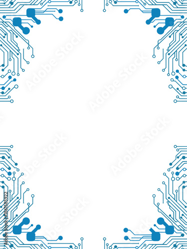 Blue circuit board frame with copy space on white background
