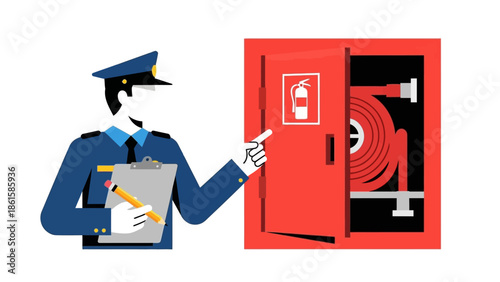 Fire safety officer in uniform pointing at fire hose cabinet