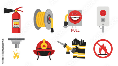 Essential fire safety equipment icons for emergency preparedness and prevention