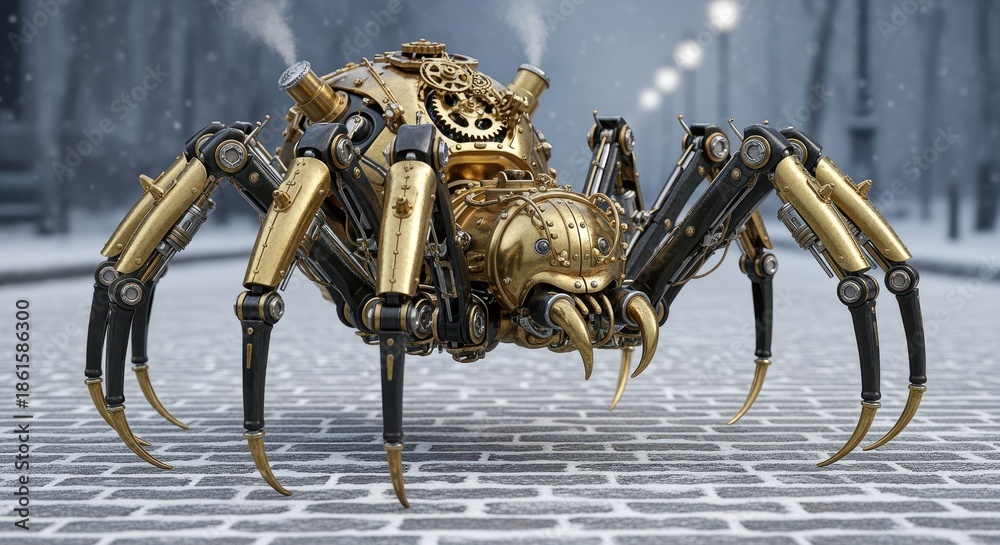 Fototapeta premium Mechanical spider with brass gears walking on cobblestone street in winter