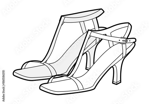 T bar sandal women heel single line pair. Strappy dress footwear for party, reception, dance, cocktail look. Technical fashion illustration, CAD mockup, clean vector men unisex isolated classic style.