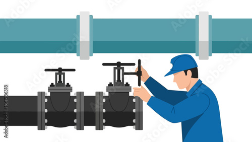 Technician adjusting industrial pipeline valves in flat design