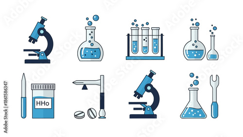Science equipment collection: microscopes, flasks, test tubes, and lab tools in a flat design