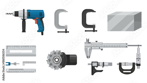 Collection of precision engineering tools in flat design for technical projects